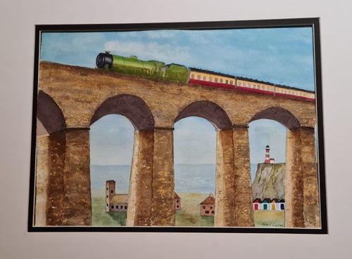 Terry, Coombe, steam trains and viaduct, watercolour, ink & gouache.